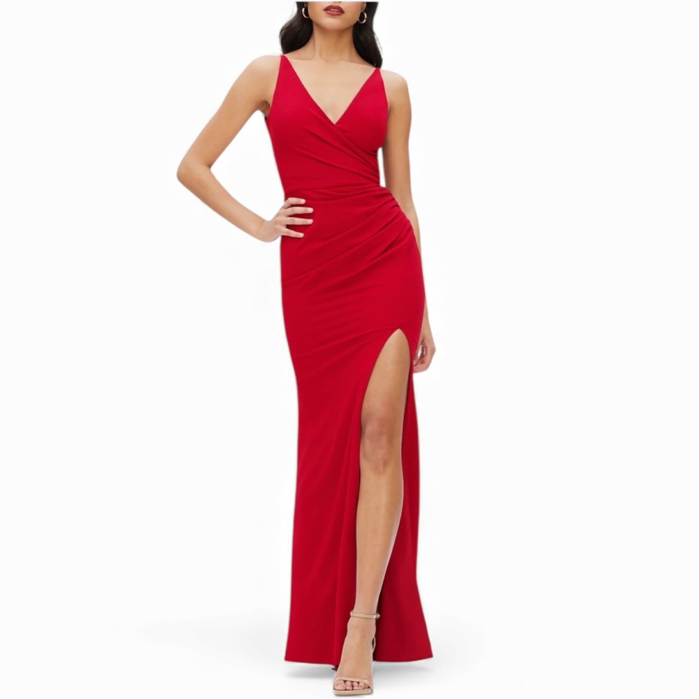 Dress The Population Jordan Ruched‎ Gown Side Slit Red Large New